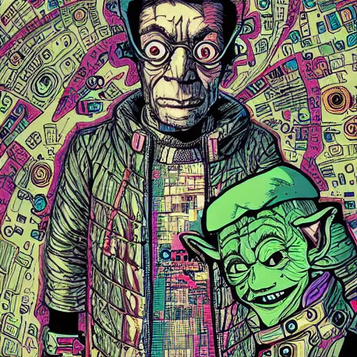 Prompt: hyper detailed comic illustration of a cyberpunk Master Yoda in a gorpcore jacket, by Josan Gonzalez and Geof Darrow, intricate details, vibrant, solid background, low angle fish eye lens