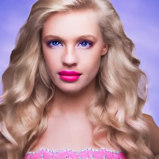 Image similar to close up headshot of a princess with long blonde hair and light blue eyes wearing a strapless elaborately beaded pink dress, high resolution film still, 8k, HDR color, film by Simon Langton and David Frankel, triangular face, round narrow chin, straight jawline, light pink lipstick