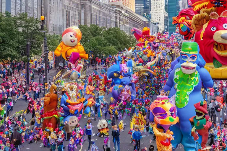 Prompt: photo of giant elaborate parade float characters designed by geoff darrow!!!! and ( ( ( ( ( ( lisa frank ) ) ) ) ) ), in the macys parade, detailed 4 k photo