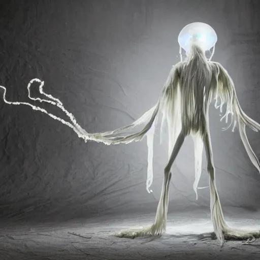 Prompt: humanoid ethereal ghostly live action muppet wraith like figure with a lightbulb jellyfish head with two very long tentacles for arms that flow gracefully at its sides while it floats around the frozen tundra searching for lost souls and that hide in the shadows in the trees, this character can control the ice, snow, shadows, and electricity, it is a real muppet by sesame street, photo realistic, real, realistic, felt, stopmotion, photography, sesame street