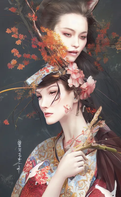 Prompt: a beautiful digital concept portrait of a beautiful woman with fox wearing a kimono by stanley artgerm lau wolp ross draws lerapi and skimichan
