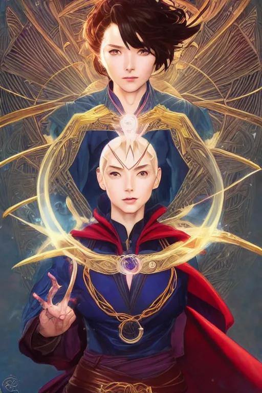 Image similar to anime key visual of a beautiful young female doctor strange, marvel comics, spells, magic, intricate, magical village, stunning, highly detailed, digital painting, artstation, smooth, hard focus, illustration, art by artgerm and greg rutkowski and alphonse mucha