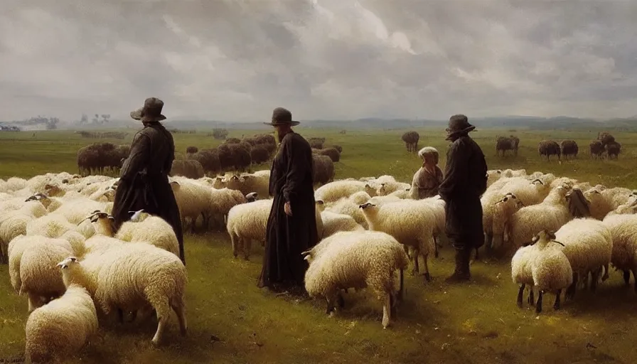 Image similar to simple amish shepherds with flocks of sheep in open fields, art by anders zorn, wonderful masterpiece by greg rutkowski, beautiful cinematic light, american romanticism thomas lawrence, greg rutkowski