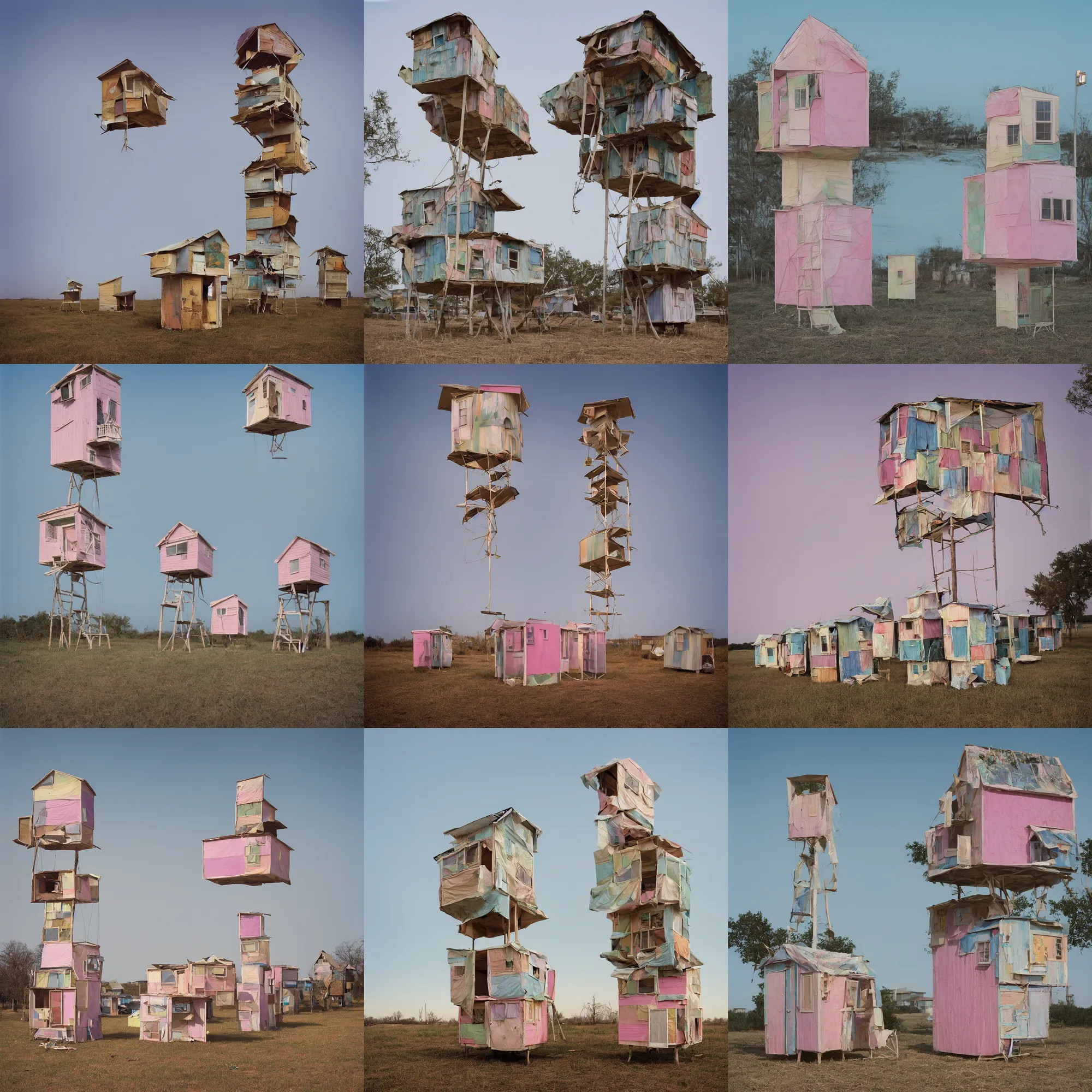 Prompt: a suspended tower made up of makeshift squatter shacks with pastel colours, mamiya, f 1 1, fully frontal view, uniform plain sky, photographed by julie blackmon