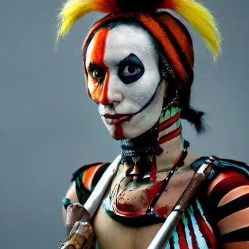 Prompt: photo of a beautiful female harlequin warrior with weapon