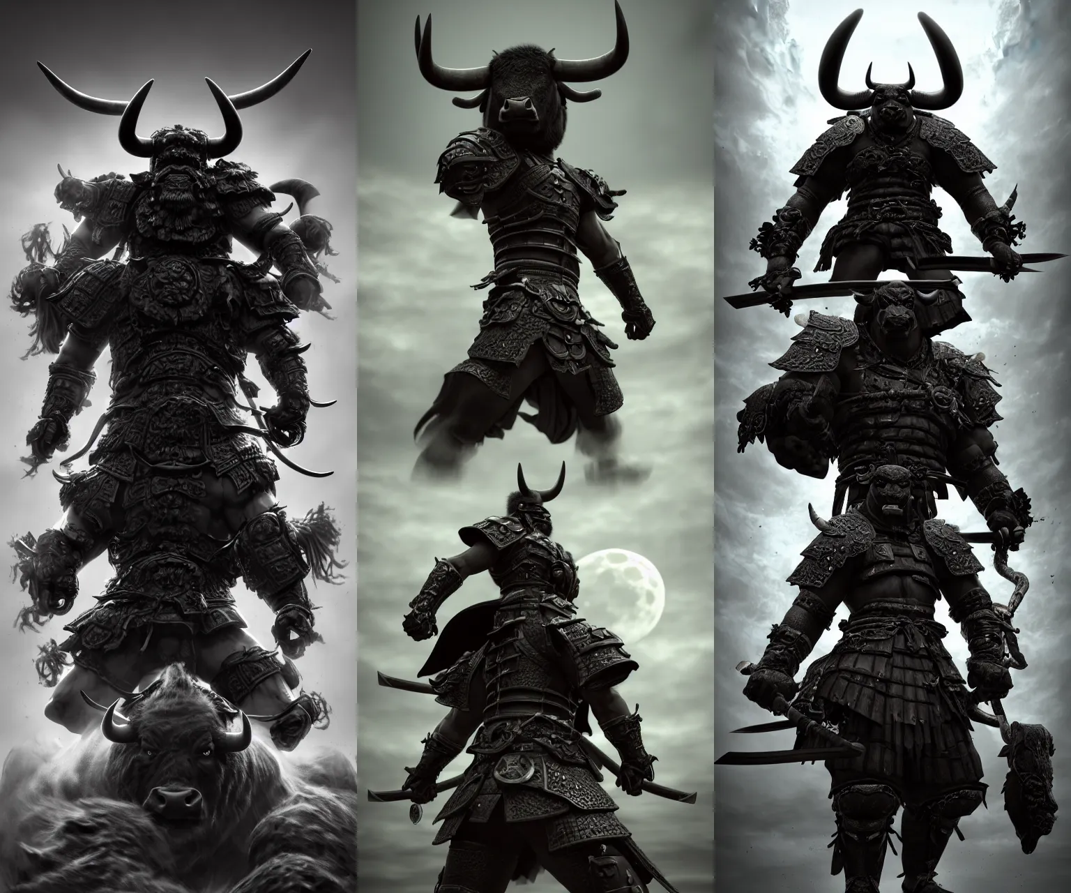 Prompt: anthropomorphic, half man half angus black bull, black bull samurai, Moon Bull Samurai, epic, samurai, stunning 3d render inspired art by Renato muccillo and Andreas Rocha and Johanna Rupprecht + symmetry + natural volumetric lighting, 8k octane beautifully detailed render, post-processing, highly detailed, intricate complexity, epic composition, magical atmosphere, cinematic lighting + masterpiece, trending on artstation