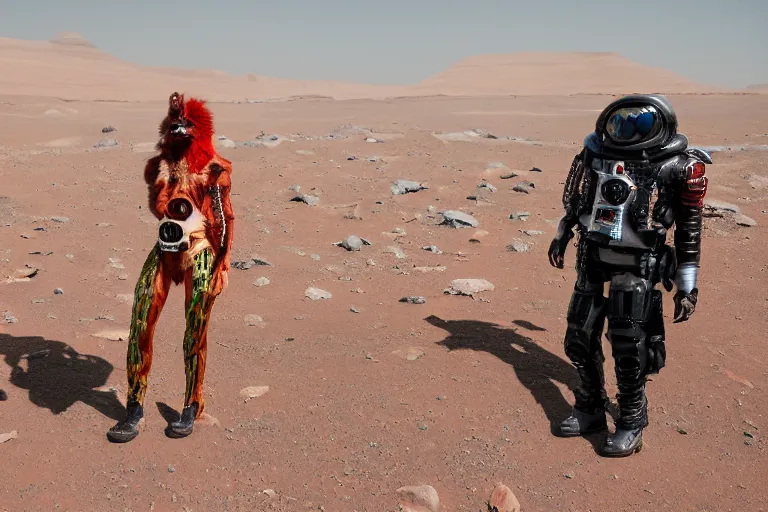 Image similar to furry convention on mars, animal costumes, 8 k photography, cyberpunk