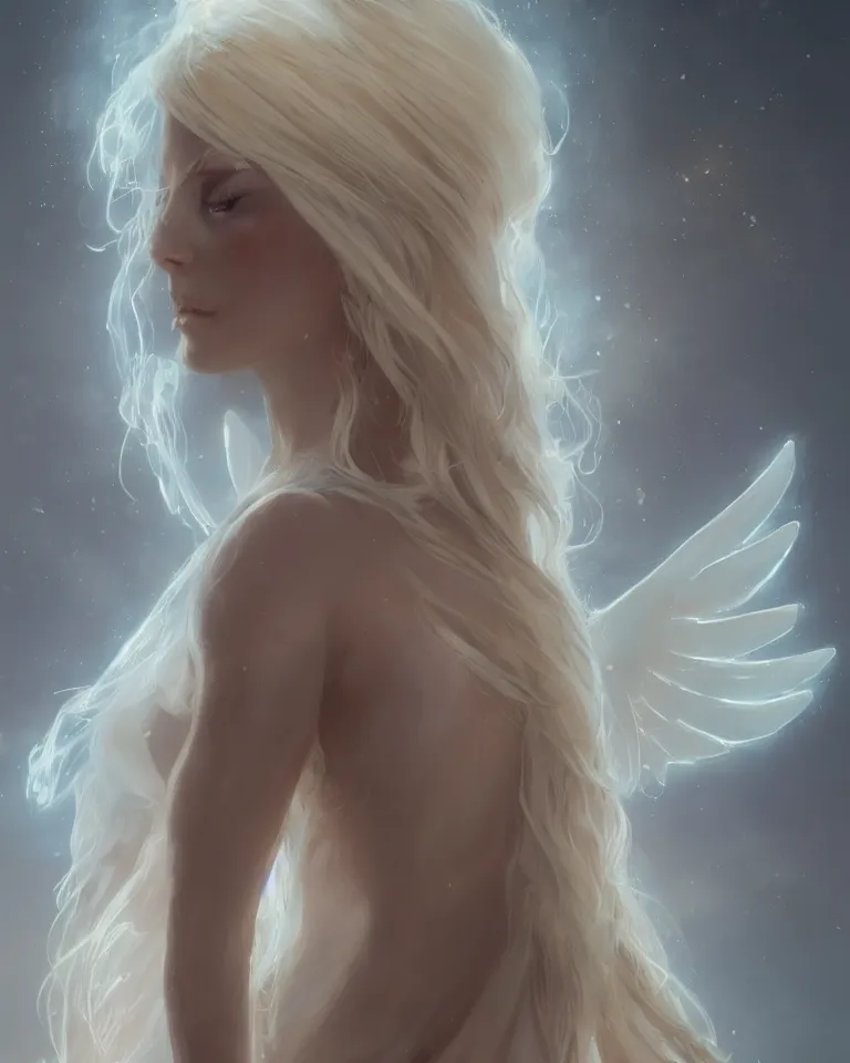 Image similar to portrait of a blonde fantasy goddess, white elegant clothing, glowing aura, angel wings, artstation, 4 k, greg rutkowski, concept art, matte painting