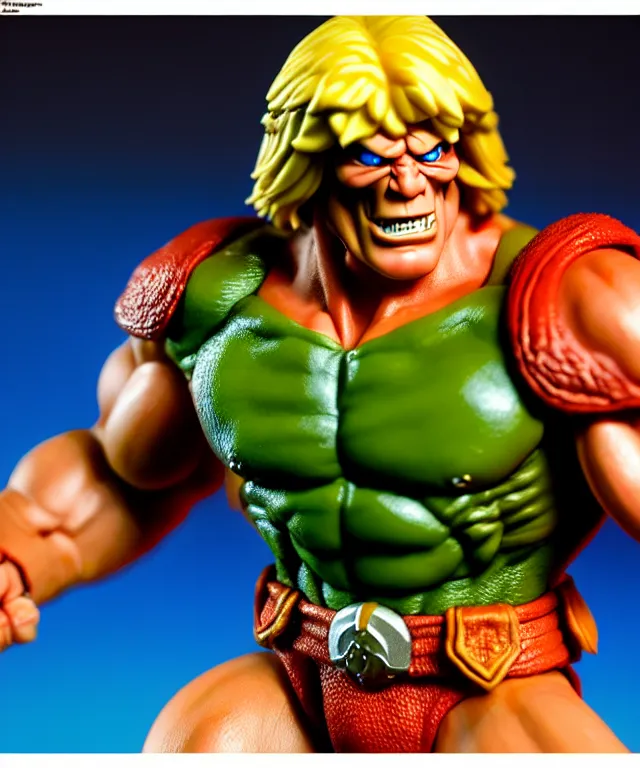 Image similar to hyperrealistic rendering, he - man by art of skinner and richard corben and jeff easley, product photography, action figure, sofubi, studio lighting, colored gels