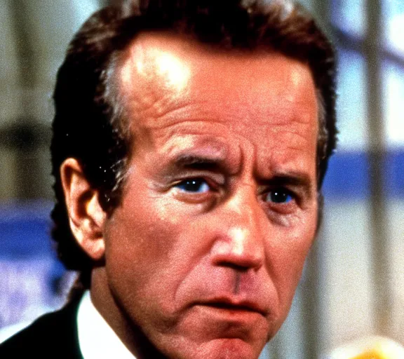 Prompt: color still shot of joe biden in film robocop 1 9 8 7, face closeup,