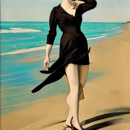 Prompt: woman in black dress in the middle of the beach, fashion art, leyendecker style