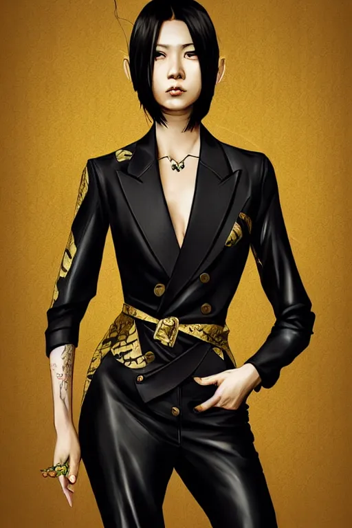 Image similar to yakuza slim girl, gold suit jacket in snake print, jacket over bare torso, yakuza tattoo on body, black short curtain haircut, black leather pants with black belt, portrait, elegant, 2d, ultra highly detailed, digital painting, smooth, sharp focus, artstation, art by Ilya Kuvshinov, rossdraws