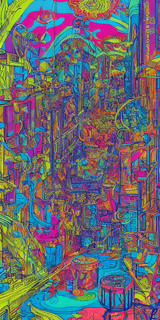 Image similar to the haight in san francisco an ultrafine detailed illustration by james jean, intricate linework, bright colorful colors, behance contest winner, vanitas, angular, altermodern, unreal engine 5 highly rendered, global illumination, radiant light, detailed and intricate environment