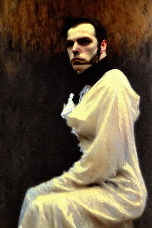 Image similar to impressionist brushstrokes!!!! giger and richard schmid and jeremy lipking victorian loose genre loose painting full length portrait painting of a victorian male vampire