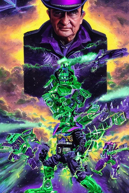 Prompt: portrait of cowboy johnny cash as purple green optimus prime power ranger from transformers surfing tonic stimulant fluids on air guitar zord UFO hoverboard, intricate, highly detailed, smooth, artstation, digital illustration by Lisa Frank and Ruan Jia and Mandy Jurgens and Artgerm and Wayne Barlowe and Greg Rutkowski and Zdislav Beksinski