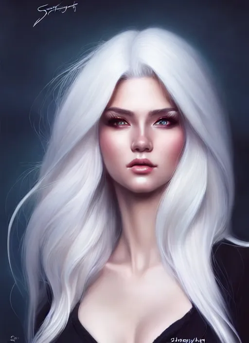 Prompt: a gorgeous female with longwhite hair in the style of stefan kostic, realistic, full body shot, wide angle, sharp focus, 8 k high definition, insanely detailed, intricate, elegant, art by stanley lau and artgerm, floating embers