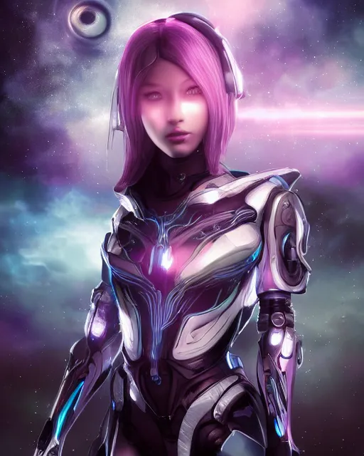 Image similar to photo of a android girl on a mothership, warframe armor, beautiful face, scifi, nebula, futuristic background, galaxy, raytracing, dreamy, focused, sparks of light, pure, long white hair, blue cyborg eyes, glowing, 8 k high definition, insanely detailed, intricate, innocent, art by akihiko yoshida, li zixin, woo kim