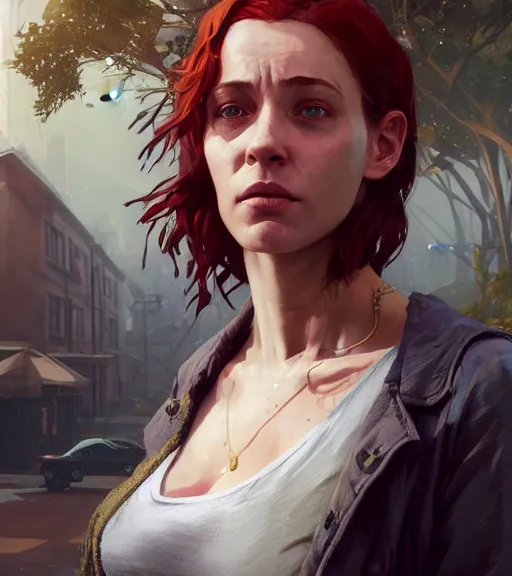 Image similar to Highly detailed portrait of homeless Triss Merigold, in GTA V, Stephen Bliss, unreal engine, fantasy art by Greg Rutkowski, Loish, Rhads, ferdinand knab, Makoto Shinkai and Lois van baarle, ilya kuvshinov, rossdraws, Tom Bagshaw, global illumination, radiant light, detailed and intricate environment