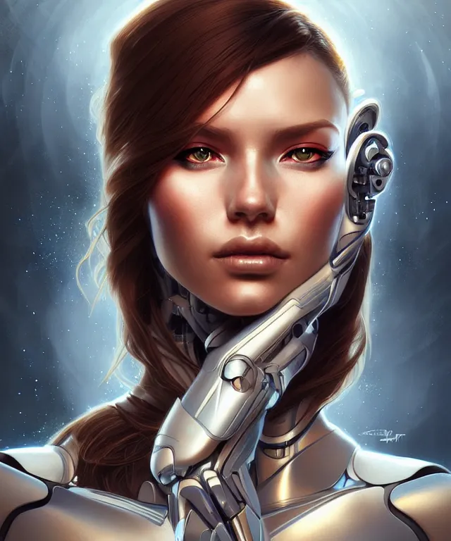 Image similar to futuristic woman Cyborg portrait, sci-fi, amber eyes, face, long hair, fantasy, intricate, elegant, highly detailed, digital painting, artstation, concept art, smooth, sharp focus, illustration, art by artgerm and greg rutkowski and alphonse mucha