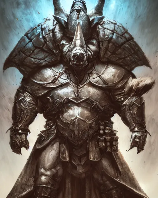 Image similar to Rhino, Anthropomorphized, as warlord general on skull throne, magic the gathering artwork, D&D, fantasy, cinematic lighting, centered, symmetrical, highly detailed, digital painting, artstation, concept art, smooth, sharp focus, illustration, volumetric lighting, epic Composition, 8k, art by Akihiko Yoshida and Greg Rutkowski and Craig Mullins, heroic pose, oil painting, cgsociety, Battlefield background, explosions, arrows