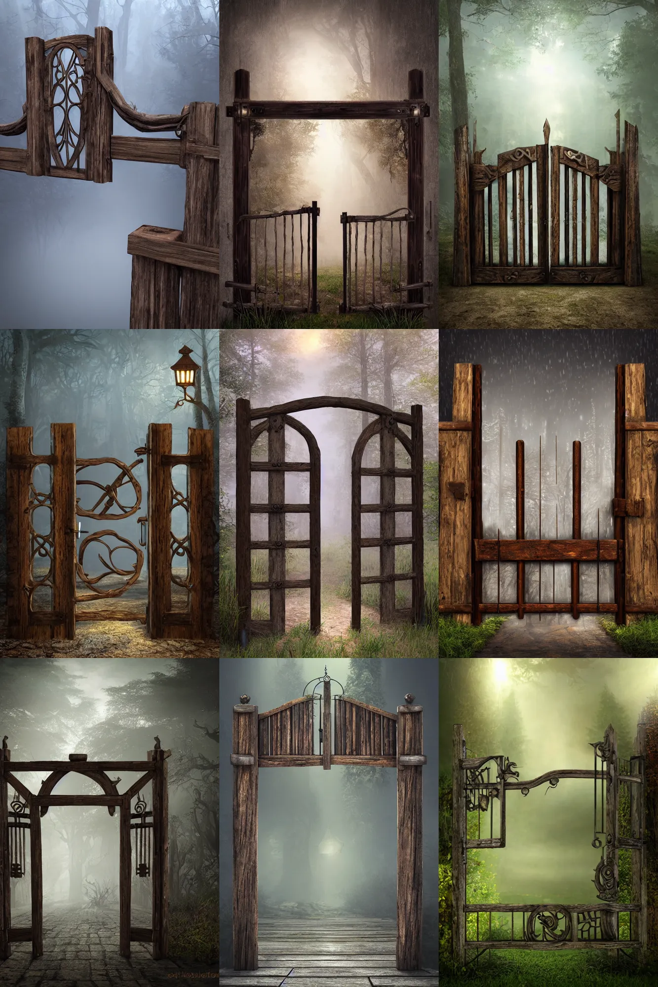 Prompt: large rustic decorated wooden gate with metal handles opening to a fantasy world, strong eerie back light, mist, volymetric light, photorealistic painting