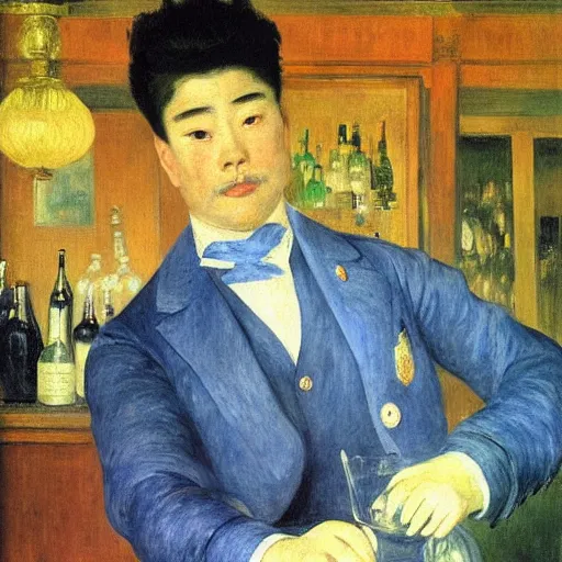 Image similar to portrait of a male bartender, chinese, muscular, brushed - back hair, half - robot, navy zhongshan suit, light blue ascot, monocle, in a bar lit by gold and silver neon lights, manet, renoir, impressionist