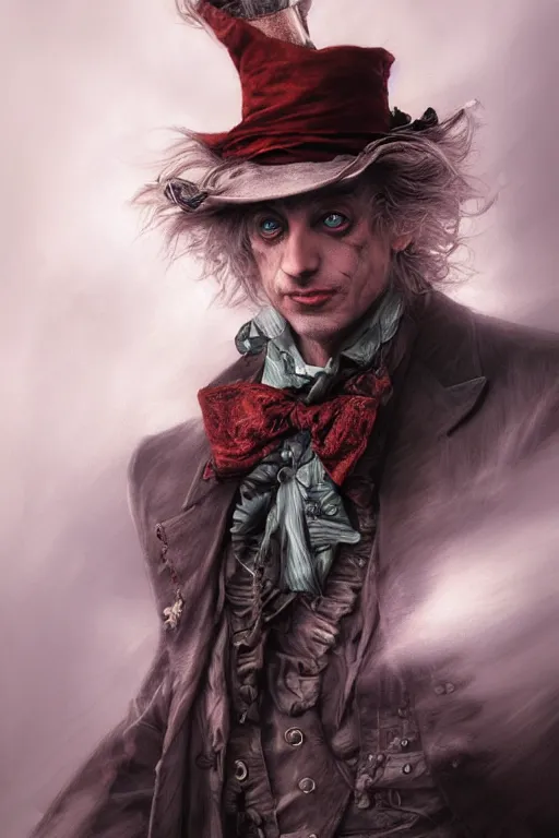 Prompt: mad hatter, portrait of a man, by wlop, by luis royo, by peter mohrbacher, concept art, digital illustration, intricate, masterpiece, elegant, super detailed, unreal engine rendering, smooth, sharp focus, artstation hq