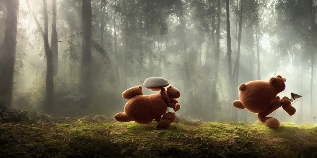 Image similar to a giant ant is riding a giant teddy bear in a forest, moody, cinematic light, matte painting, concept art, highly detailed, 8k