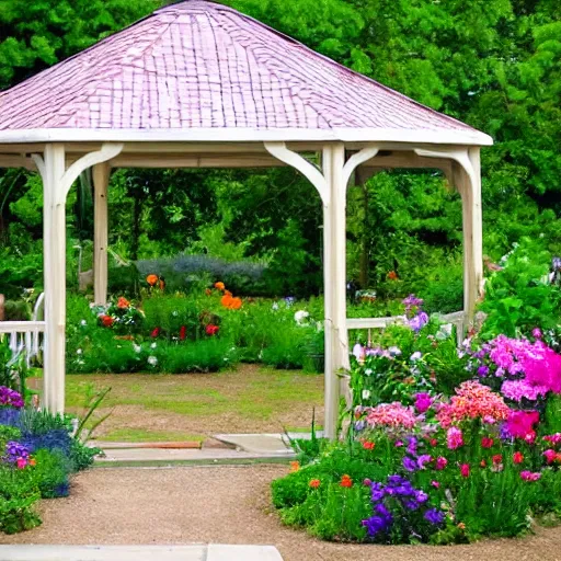 Prompt: a flower garden with a gazebo