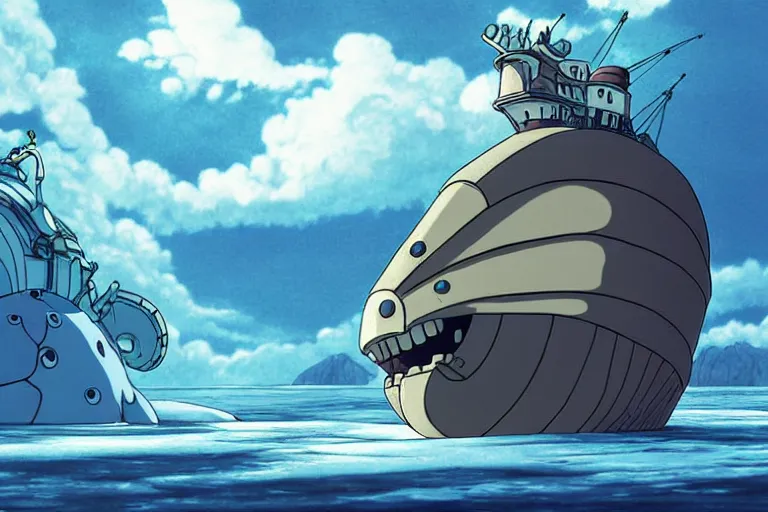 Image similar to cell shaded cartoon of a giant mechanized grey seahorse from howl's moving castle ( 2 0 0 4 ), floating above an icy river, full body, wide shot, very muted colors, post grunge, studio ghibli, highly detailed, deviantart, art by artgem