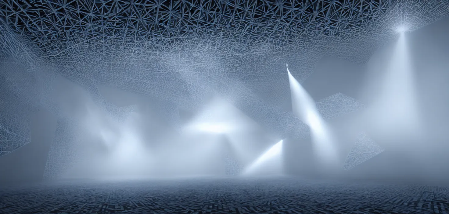 Image similar to light beams as structural space forming a mystical megastructure - in a harmonic sacred geometry pattern, by jack oliva - rendler, by gaudi, photorealistic, god rays, octane render, depth of field, deep volumetric light, deep volumetric fog, volumetric fog space, apex of creation, realistic render