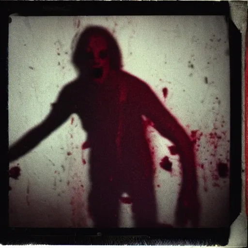 Image similar to a dark film still of demonic activity, big budget horror, a polaroid photo, bleeding decaying colors!