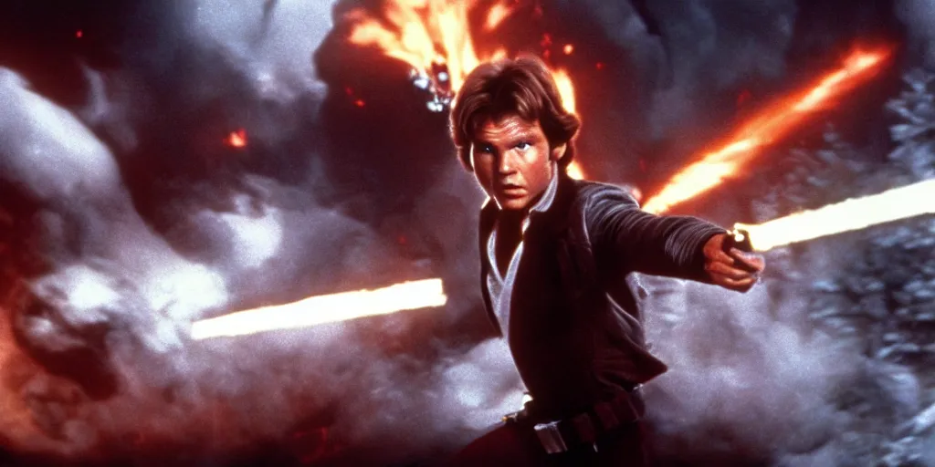 Prompt: Han Solo Return of the jedi 1983, motion blur runs through massive battlefront, mcu style, explosions, fire reak real life, spotted ultra realistic, 4K, movie still, UHD, sharp, detailed, cinematic, render, modern