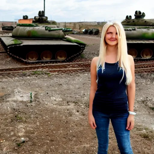 Prompt: slavic happy blond girl standing in front of remains of house and tanks with russian flags