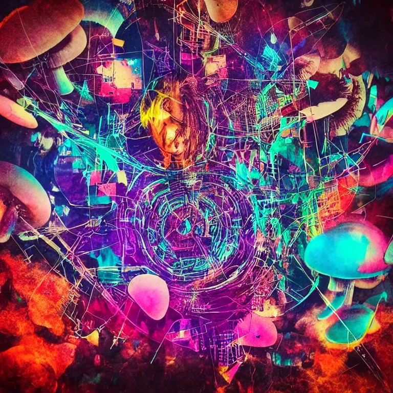 Image similar to double exposure of dally life, symbols of live, explosion, cyber mushroom city, love is the most relevant theme, love is infinity, love is begin of all, 8 k resolution, artistic mode, artistic, trending on instagram, long exposure, love art, serious, fantasy and dreams vibes, mushrooms style and macro style, colorful picture