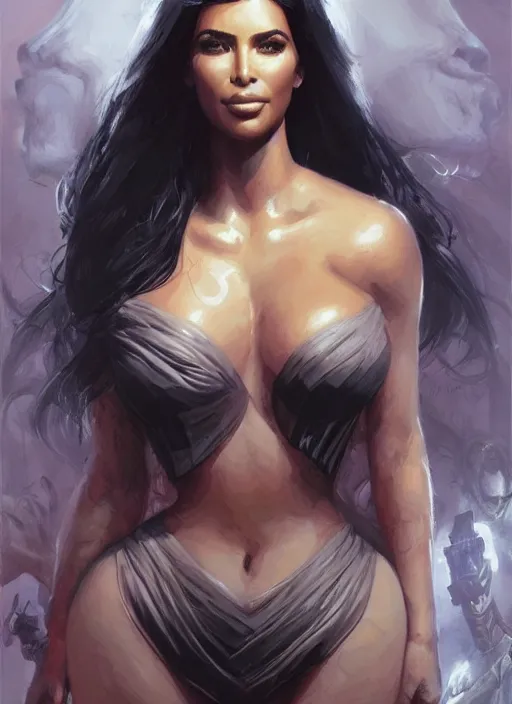 Image similar to Portrait of Kim Kardashian , marvel comics, dark, intricate, highly detailed, smooth, artstation, digital illustration by Ruan Jia and Mandy Jurgens and Artgerm and Wayne Barlowe and Greg Rutkowski and Frank Frazetta