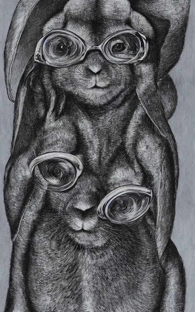 Prompt: rabbit with glasses by h.r. giger art