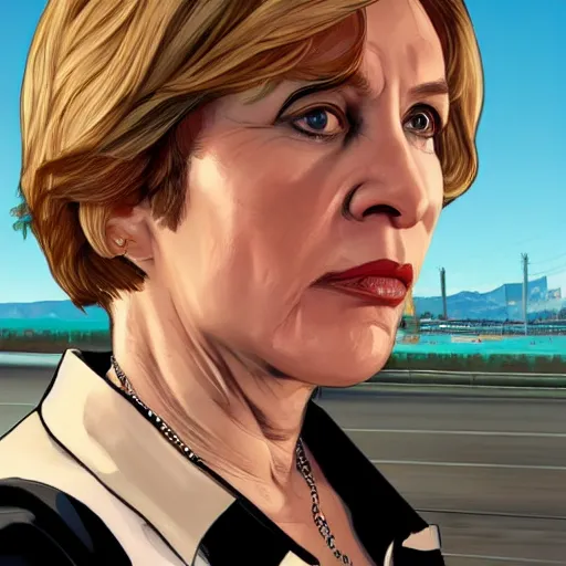 Image similar to esperanza aguirre in gta v, cover art by stephen bliss, artstation