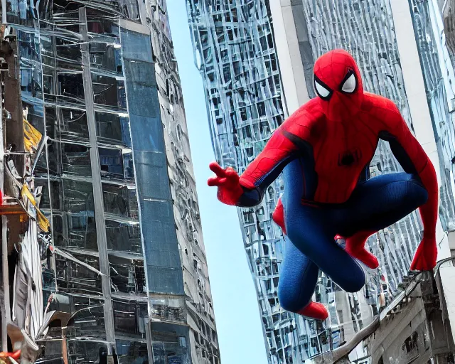 Image similar to photograph of spider - man on a building movie set