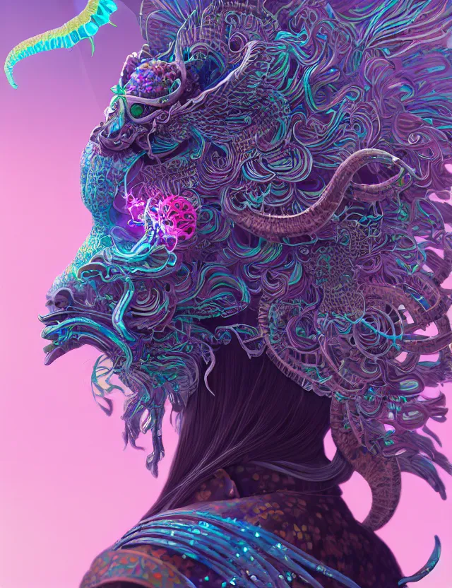 Image similar to 3 d goddess close - up profile solarpunk portrait ram skull. beautiful intricately detailed japanese crow kitsune mask and clasical japanese kimono. betta fish, jellyfish phoenix, bio luminescent, plasma, ice, water, wind, creature, artwork by tooth wu and wlop and beeple and greg rutkowski