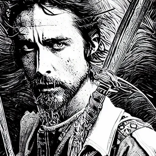 Prompt: black and white pen and ink!!!! rugged royal! Baháʼí Faith goetic Hugh Jackman x Ryan Gosling golden!!!! Vagabond!!!! floating magic swordsman!!!! glides through a beautiful!!!!!!! battlefield dramatic esoteric!!!!!! pen and ink!!!!! illustrated in high detail!!!!!!!! by Junji Ito and Hiroya Oku!!!!!!!!! graphic novel published on 2049 award winning!!!! full body portrait!!!!! action exposition manga panel black and white Shonen Jump issue by David Lynch and Frank Miller beautiful line art Hirohiko Araki-s 150