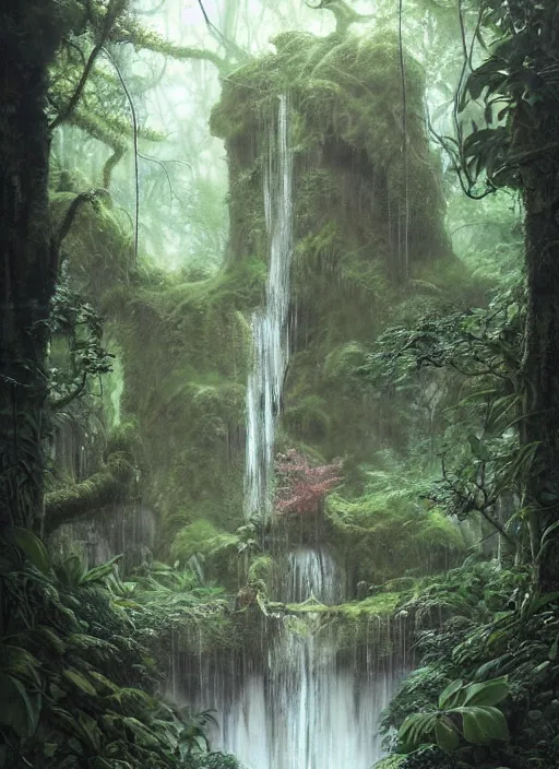 Image similar to a hyper realistic architectural witch shrine under a waterfall in the woods, gorgeous lighting, lush forest foliage, painting by chiara bautista and tom bagshaw, muca beksinski and norman rockwell and greg rutkowski weta studio, and lucasfilm