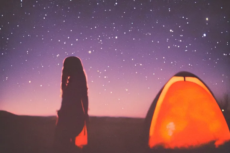 Prompt: blured shadow of sleepy young woman on white light, focused background blue night sky with stars and orange campfire, polaroid photo