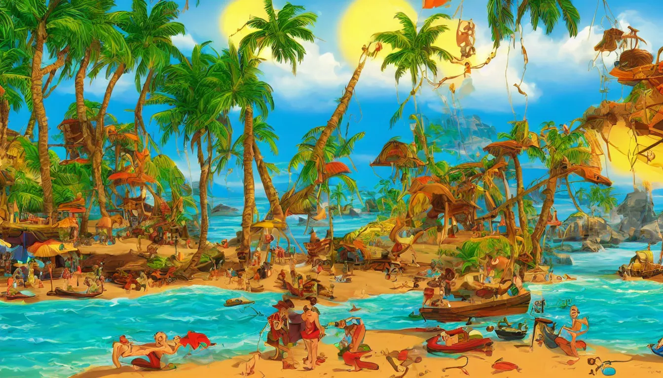 Image similar to a tropical beach scene, The curse of monkey island, animation, high detail, colorful