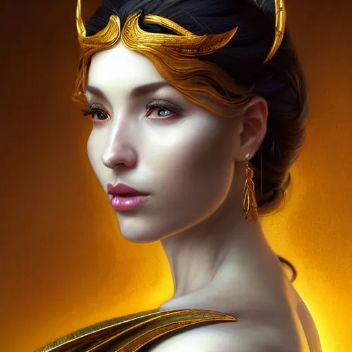 Image similar to perfectly - centered - portrait - photograph of an evil sinister goddess, the perfect human female specimen, intricate, elegant, super highly detailed, professional digital painting, artstation, concept art, smooth, sharp focus, no blur, no dof, extreme illustration, unreal engine 5, 8 k, art by artgerm and greg rutkowski and alphonse mucha loish and wlop