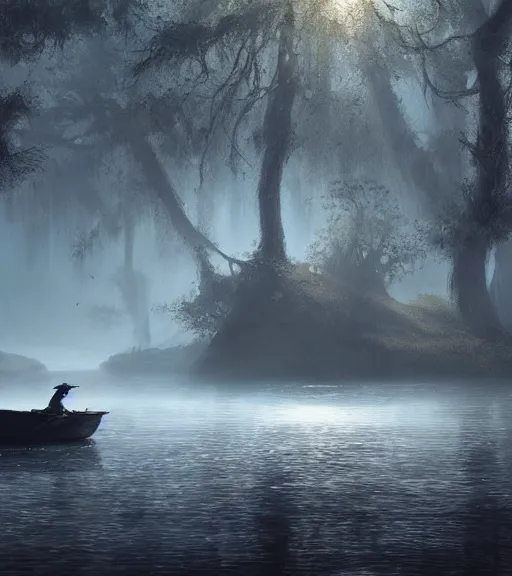 Image similar to three crows in a little boat in a swamp, volumetric lighting, fog, majestic light, octane render, ethereal glare of the sun, hyperrealistic, epic, masterpiece, by greg rutkowski