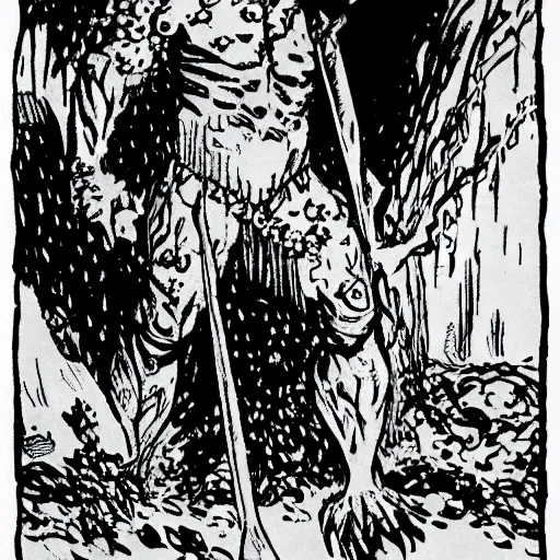 Prompt: Silhouette of a fishman holding a spear in a dark cave. D&D. Pen and ink. Black and white. Mike Mignola.