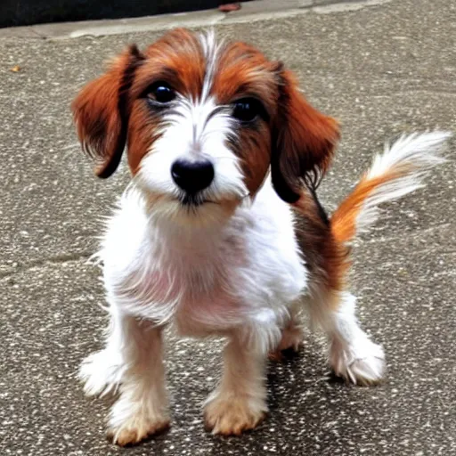 Image similar to a high quality photograph of a scruffy wire haired jack russell terrier puppy, white with chocolate brown spots, brown patches over both eyes. friendly, curious expression.