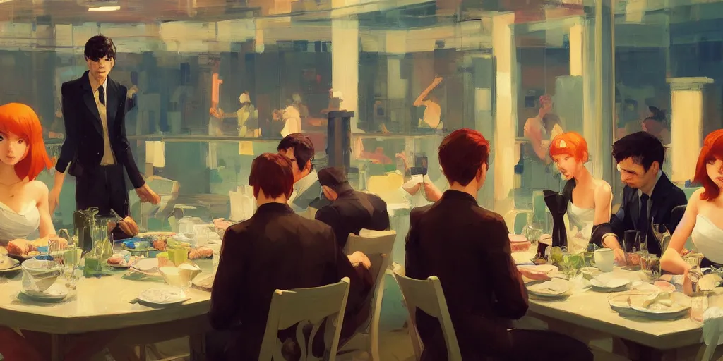 Prompt: one group of people are eating fancy looking at another group of people fighting by Craig Mullins, ilya kuvshinov, krenz cushart, artgerm trending on artstation by Edward Hopper and Dan Mumford and WLOP and Rutkovsky, Unreal Engine 5, Lumen, Nanite