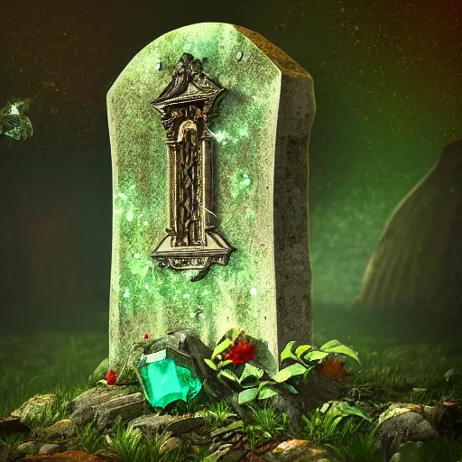 Prompt: side view of a beautiful abandoned tombstone with an embedded emerald, overgrown foliage with flowers taking over it, close - up, 3 5 mm, biopunk, bokeh, beautiful, lens flare, emotional, detailed, picture, trending on artstation, award - winning, shiny, golden, angle view, octane render